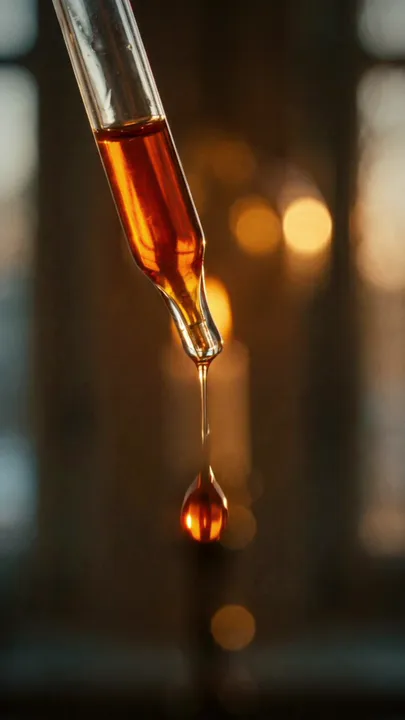 A drop of orange oil falling from a glass dropper
