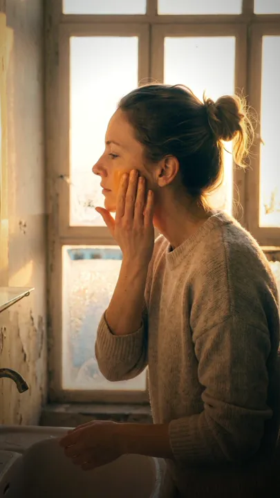 A woman pressing the oil into her cheek by a frosted window