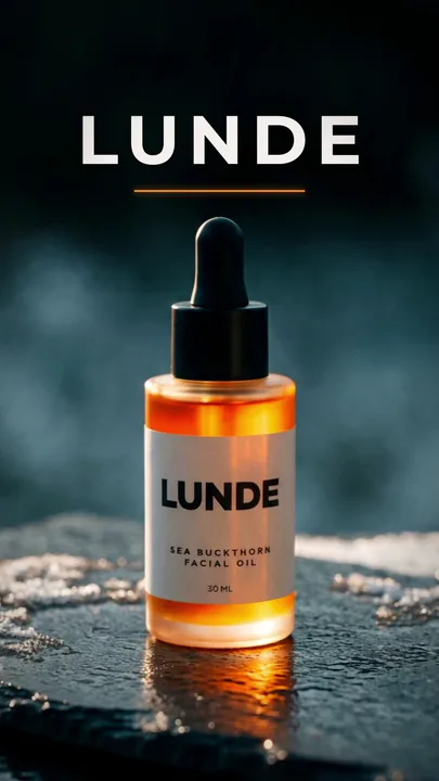 The LUNDE bottle on wet slate under the wordmark